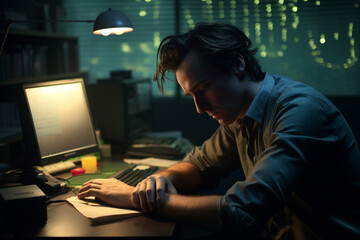 Business, states of mind, lifestyle concept. Very tired employee working with computer in dark room or office. Overtime and over work issues