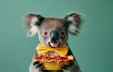 Cute Koala in yellow bow tie holding Australian meat pie on party. Australia day and Happy Australian animals concept.   - obrazy, fototapety, plakaty