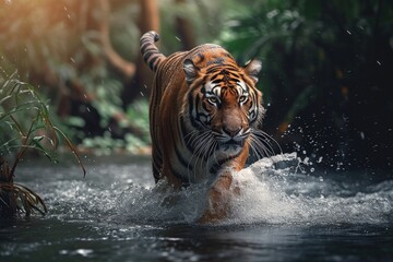 Fototapeta na wymiar Tiger stealthily moving through a river water droplets trailing its sleek form highlighting the feline grace and power of this mesmerizing jungle dweller