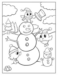Cute Christmas Holiday Snowman Penguin Vector Illustration Coloring Book Page Art