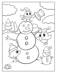 Papier Peint photo Dessin animé Cute Christmas Holiday Snowman Penguin Vector Illustration Coloring Book Page Art