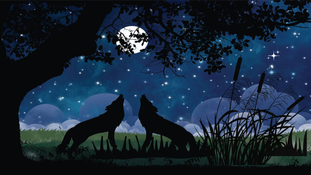 Full moon night with foxes.