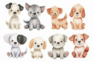 Adorable Collection of Watercolor Cartoon Puppy Illustrations