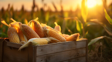 Corn heads harvested in a wooden box with field and sunset in the background. Natural organic fruit abundance. Agriculture, healthy and natural food concept. Horizontal composition. - obrazy, fototapety, plakaty