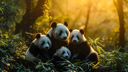 Rolgordijnen Panda bear family at the rain forest with setting sun shining. Group of wild animals in nature. © linda_vostrovska