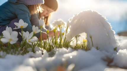 Children building igloo on a meadow with grass and spring flowers growing through the melting snow. Concept of spring coming and winter leaving. - obrazy, fototapety, plakaty