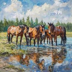 horses in the field  background