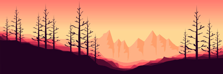 mountain view with pine tree silhouette flat design vector illustration good for wallpaper, background, backdrop, banner, web, panorama, travel, tourism and design template
