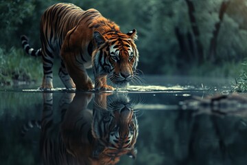 Tiger's reflection mirrored in a calm river capturing the tranquility and symmetry of nature as the majestic big cat pauses for a moment of quiet contemplation - obrazy, fototapety, plakaty