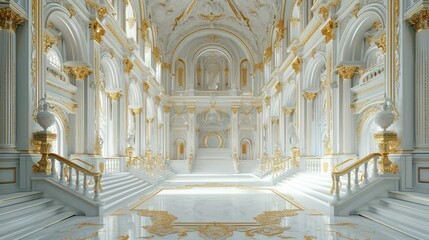 A luxurious white and gold classical palace interior with ornate decorations
