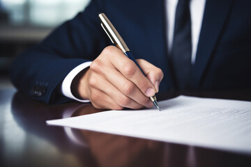 Businessman hand signing on document contract, closeup shot
