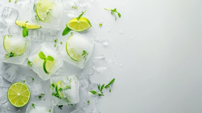 Lime slices and mint frozen in ice cubes on a marbled background.