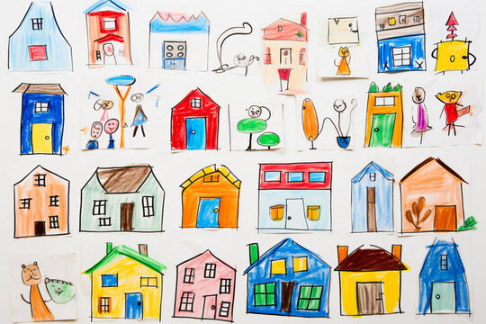 Drawing pictures of home building by kids