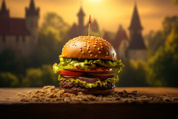 Hambuger with blurred city background