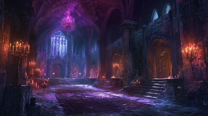 A grand, gothic cathedral interior illuminated by torches and a large stained glass window, dark fantasy setting