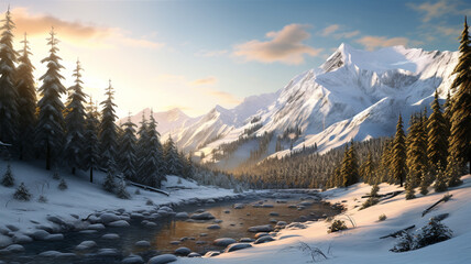 Fototapeta na wymiar Landscape of snow mountains in the winter season.