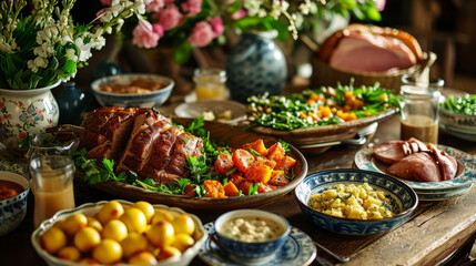 Traditional Easter meal spread including lamb in a rustic interior