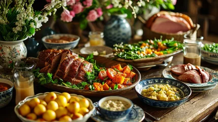 Rolgordijnen Traditional Easter meal spread including lamb in a rustic interior © Robert Kneschke