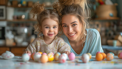 Fototapeta premium Easter Family traditions.Loving ethnic mother painting eggs with her daughter over the table in kitchen. Easter concept