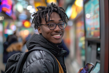 Obraz premium Smiling young man with smart phone standing by atm