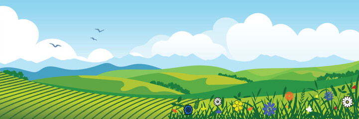 Panoramic view of spring landscape, green meadows and hills, vector illustration	