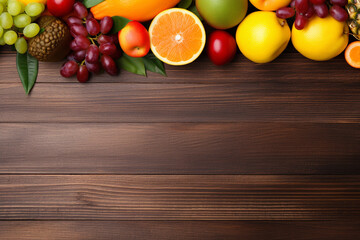 Top view of empty wooden desk with fruits background and copy space