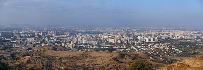 19 January 2024, Cityscape Skyline, Cityscape of Pune city Aerial panorama view from Bopdev Ghat, Pune, Maharashtra, India.