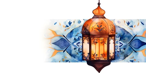 Fotobehang Arabic lantern Light Lamp watercolor illustration. oil painting Islamic Ramadan Kareem, iftar festival or Eid Mubarak banner background © MiniRiz