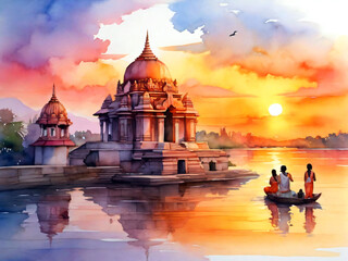 sunset at river generative Ai