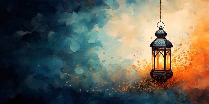 Arabic lantern Light Lamp watercolor illustration. oil painting Islamic Ramadan Kareem, iftar festival or Eid Mubarak banner background