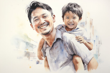 Soft watercolour realistic illustration of asian Father and little son