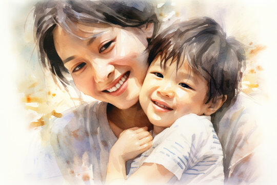 Soft watercolour realistic illustration of asian Mother and little son