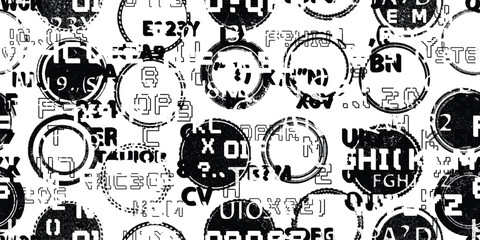 Stamp in grungy abstract forms . Post stamps seamless pattern texture. Grange shapes .Grunge textured . Vector shapes with circles .Screen print endless pattern texture