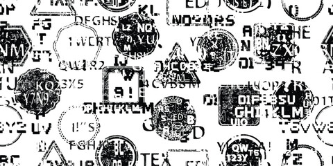 Stamp in grungy abstract forms . Post stamps seamless pattern texture. Grange shapes .Grunge textured . Vector shapes with circles .Screen print endless pattern texture