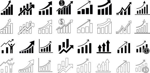 Growth chart vector icons, business increase, profit rise, financial gain. Black linear graphics representing positive trends, economic boost, investment returns