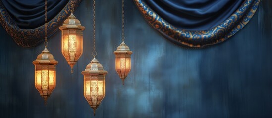 Obraz premium Islamic Ramadan Kareem, iftar festival or Eid Mubarak banner background with hanging Arabic lanterns Light Lamp. Dark blue grungy distressed curtain backdrop
