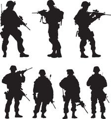 Set of  Soldier and army force black silhouette 