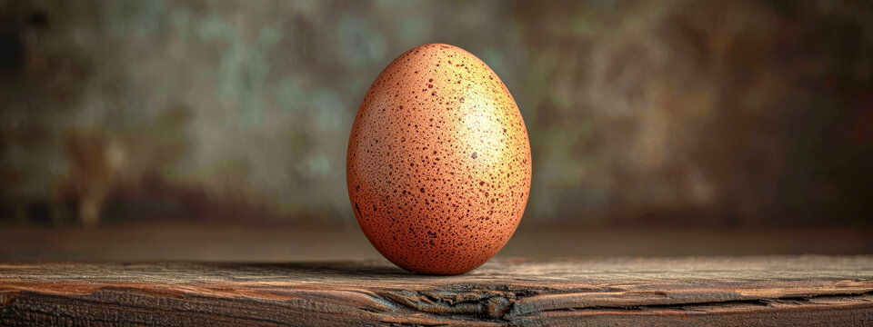 A solitary speckled egg stands upright on an aged wooden surface, evoking a sense of simplicity and the beginning of life.
