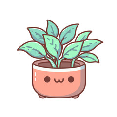 Cute kawaii houseplant in pot, decorative  green leaves gardening plant, Vector illustration, generative ai