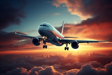 Naklejka premium Breathtaking panoramic view of airplane soaring through vibrant sunset sky at the horizon