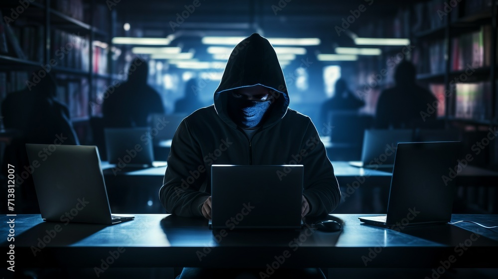 Poster a hacker in a black hood and mask with a hidden face in the shadows, working in a dimly lit room, co