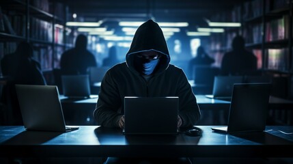 A hacker in a black hood and mask with a hidden face in the shadows, working in a dimly lit room, computer club, library. Cybercrime, illegal actions, code breaking concepts.
