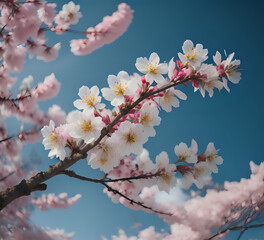 Delicate cherry blossoms in shades of pink and white against a clear blue sky. Flowers of Cherry plum, Prunus cerasifera. It is a popular ornamental tree for garden and landscaping use  generative Ai