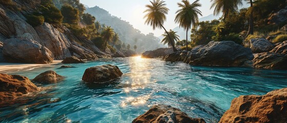 A serene tropical paradise, with crystal clear waters surrounded by lush palm trees and rocky terrains, kissed by the golden sunrise, generative ai - obrazy, fototapety, plakaty