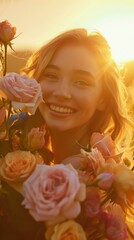 Obraz na płótnie Canvas Joyful Woman Amongst Sunset Roses woman with flowers photo sunset glow portrait joyful expression image