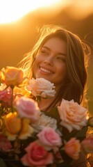 Radiant Bloom: Golden Hour Joy Woman smiling among roses, golden hour light, sun flare, fresh blossoms, outdoor setting, happy expression, warm ambiance, natural beauty, soft focus background
