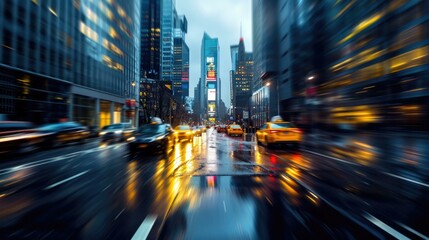 Fototapeta na wymiar City Rush: Yellow Taxis and Blurred Motion in Evening Lights