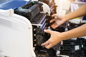 Technician open cover printer fix repair problem paper jam and replace ink cartridges for print...