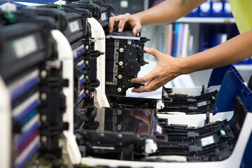 Technician open cover printer fix repair problem paper jam and replace ink cartridges for print...