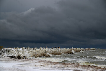 Icy North mole of Liepaja port in winter.